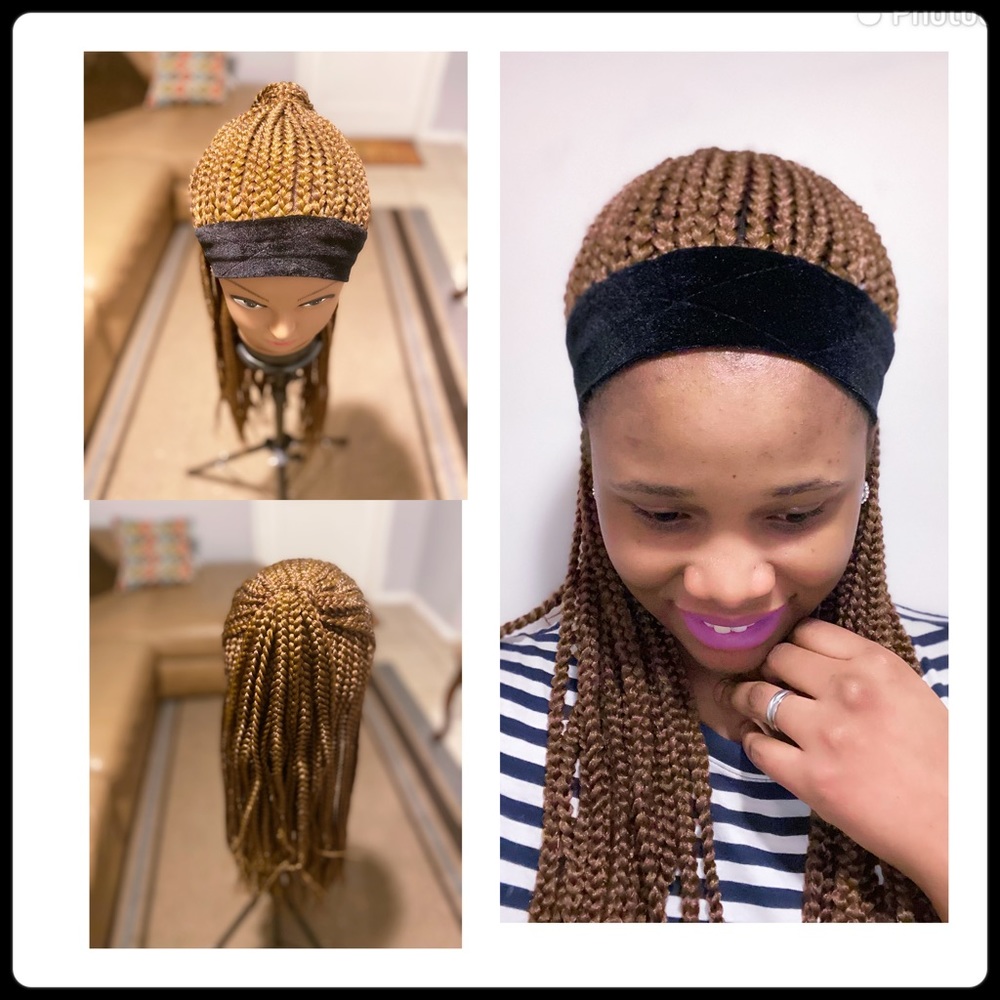 Half up/half down 3step box braid headband wig.